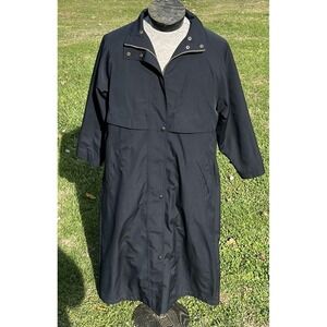 L.L.Bean Coat Womens Petite Medium Black Long Rain Trench Zip Snap Pockets Lined